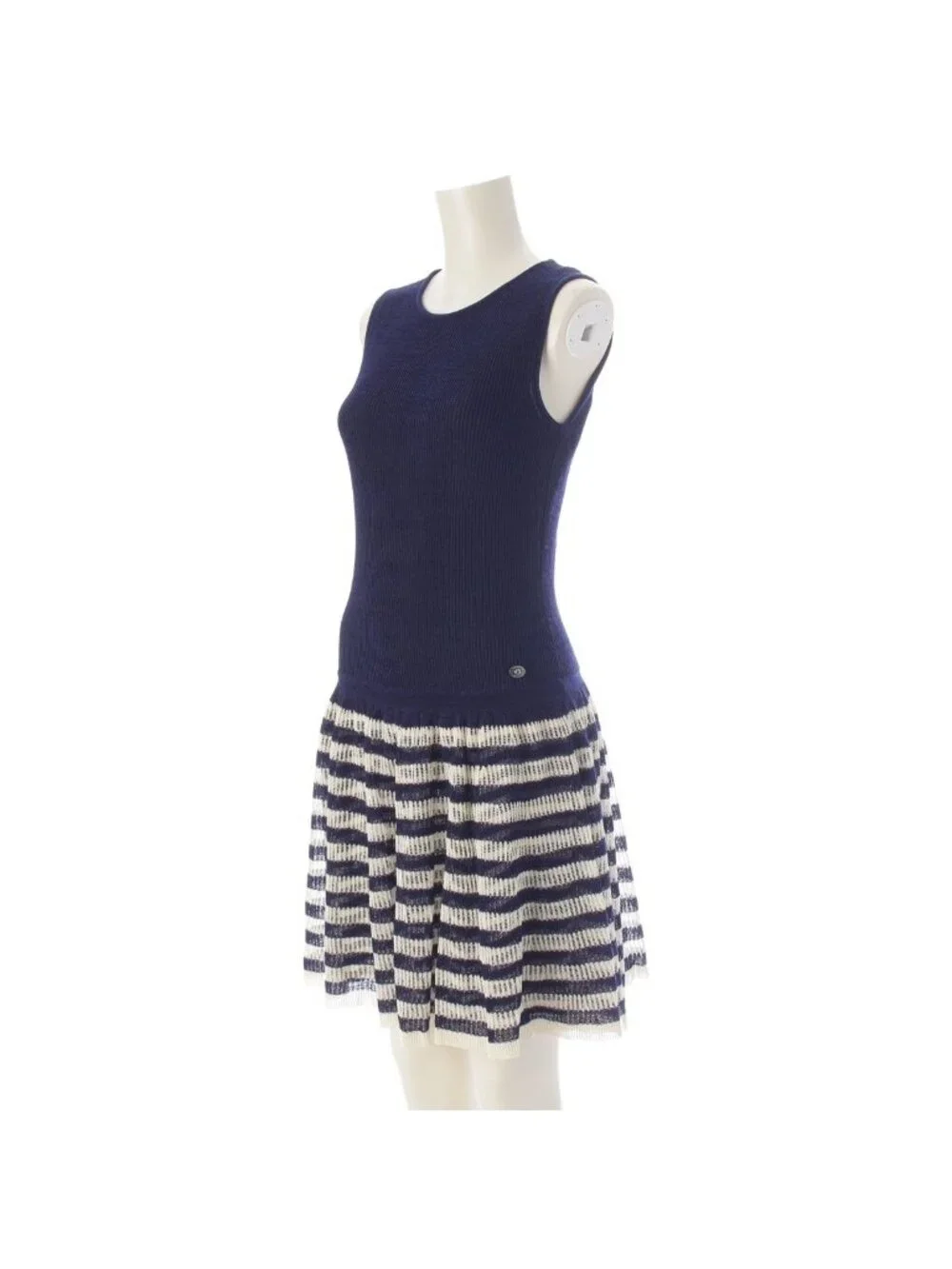 Chanel Polyester Cupro Sleeveless Border Contrast Flare Dress Off White